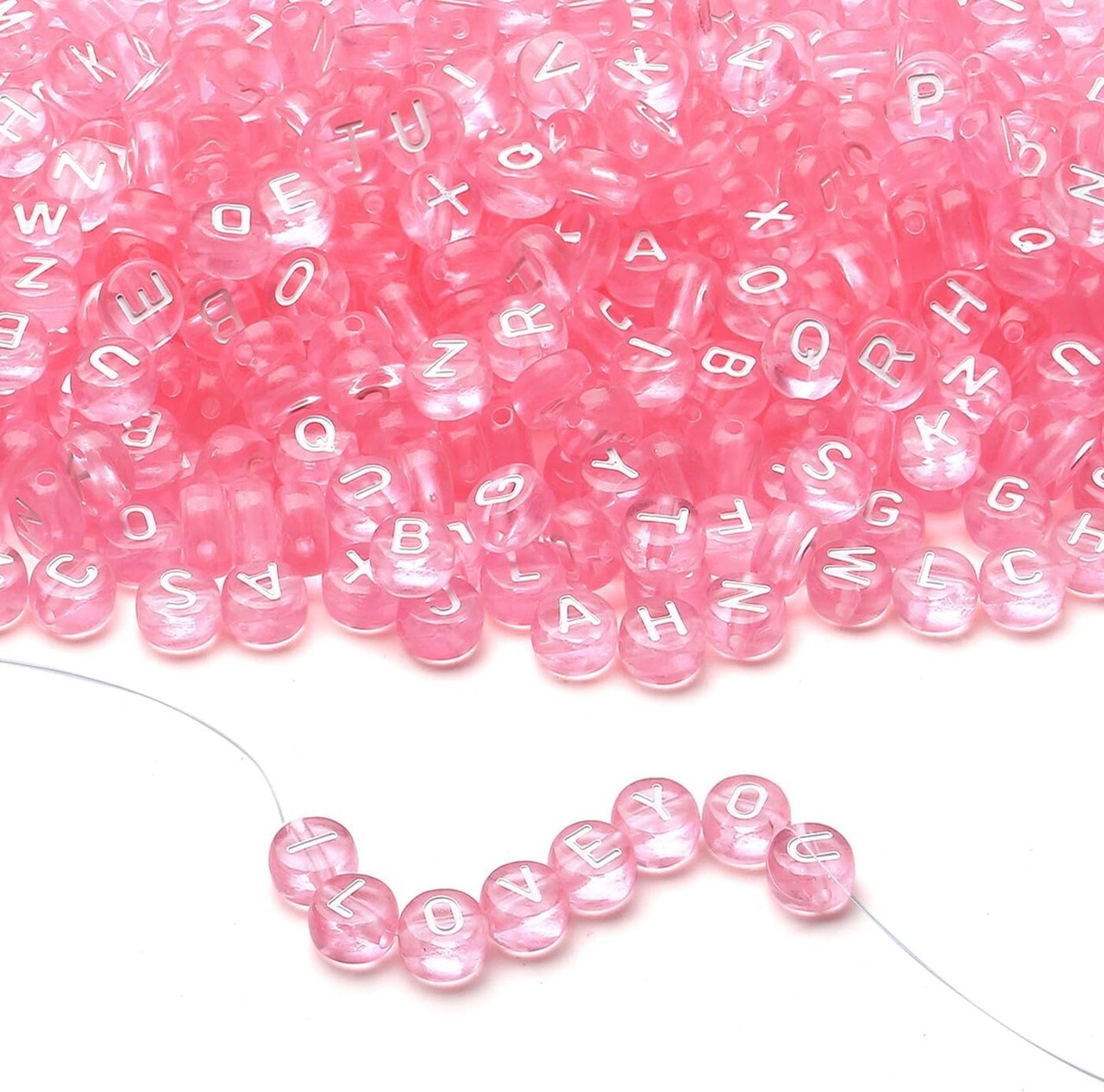 1500PCS Acrylic Letter Beads Alphabet White Letters Pink Transparent Round Bead 7×4mm for Jewelry Bracelets Necklaces Key Chains Making